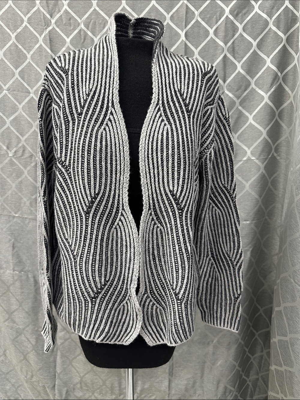 Bartolini Striped Open-Front Crewneck Cardigan - charcoal and light gray
